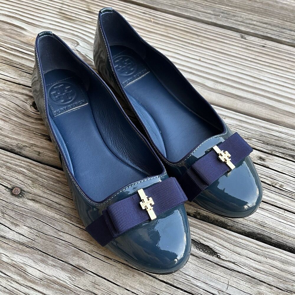 Tory Burch Trudy Bow Blue Patent Leather Ballet Flats Size 7M Gold Logo